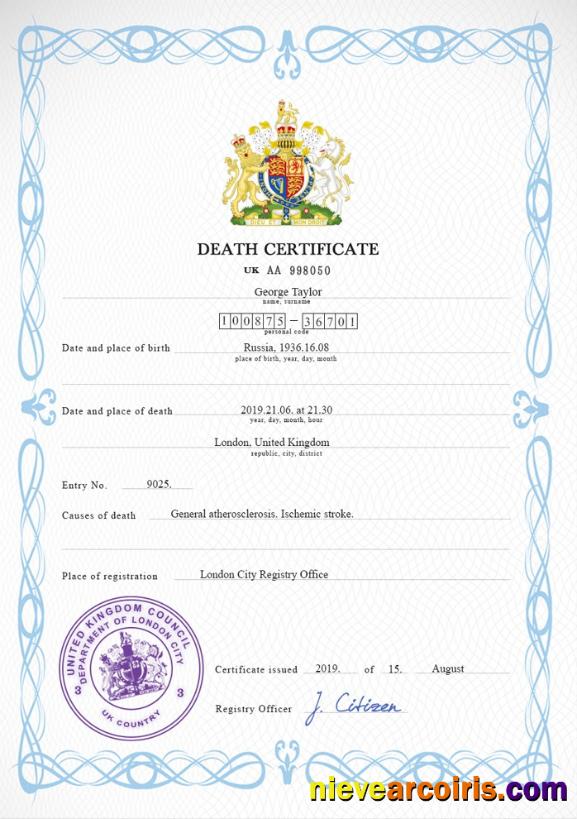 United Kingdom death certificate